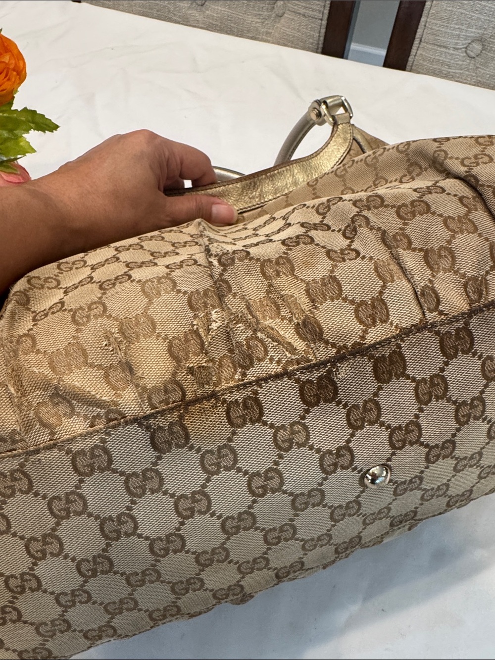 Authentic Gucci Tan GG Monogram Shoulder Bag with Metallic Trim - Picture 7 of 14
